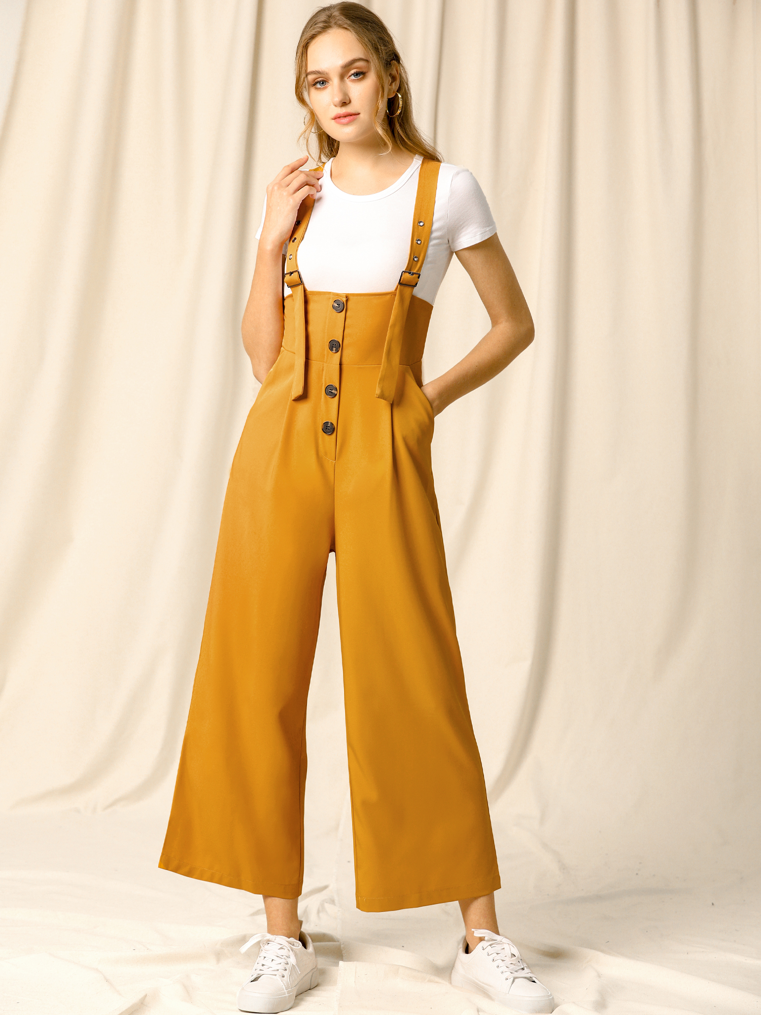 High Waist Wide Leg Belted Jumpsuit Button Long Overalls Yellow/L