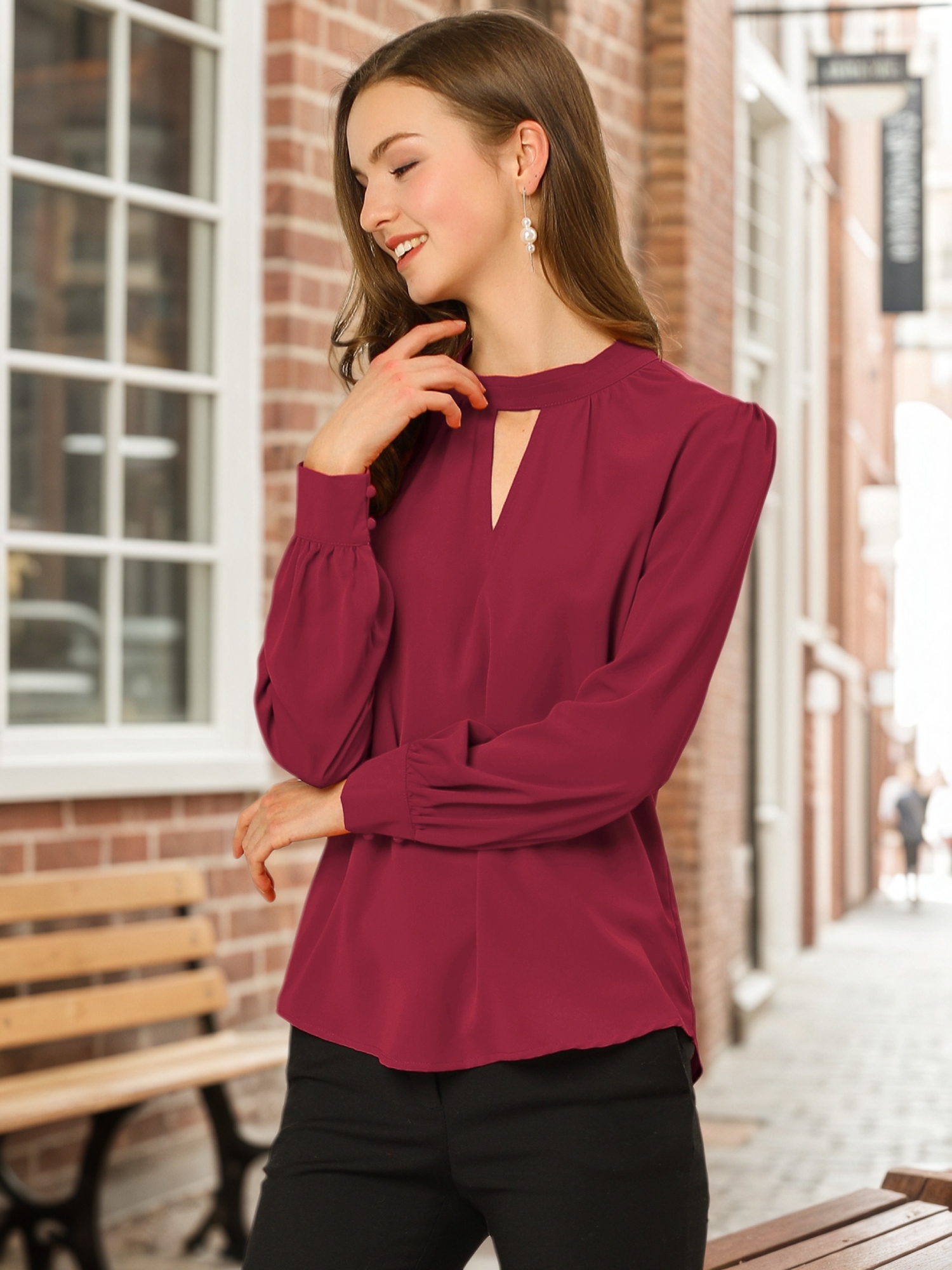 Keyhole Elegant Stand Collar Long Sleeve Chiffon Office Blouse Burgundy/S