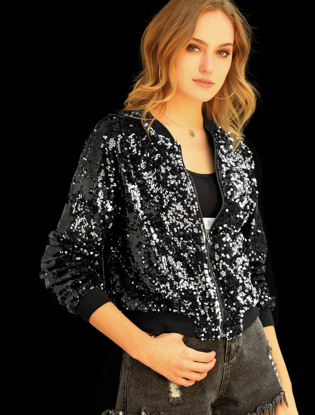 Allegra – Sequin Sparkle Party Long Sleeve Zipper Bomber Jacket Black/S