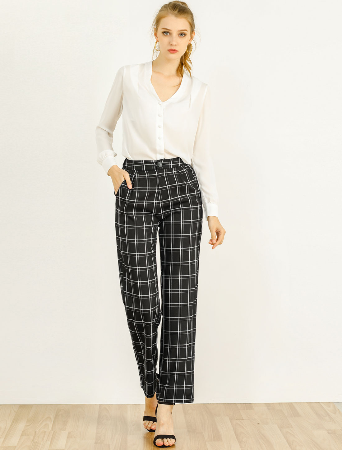 Plaid Elastic Waist Casual Work Office Long Pants Black/XL