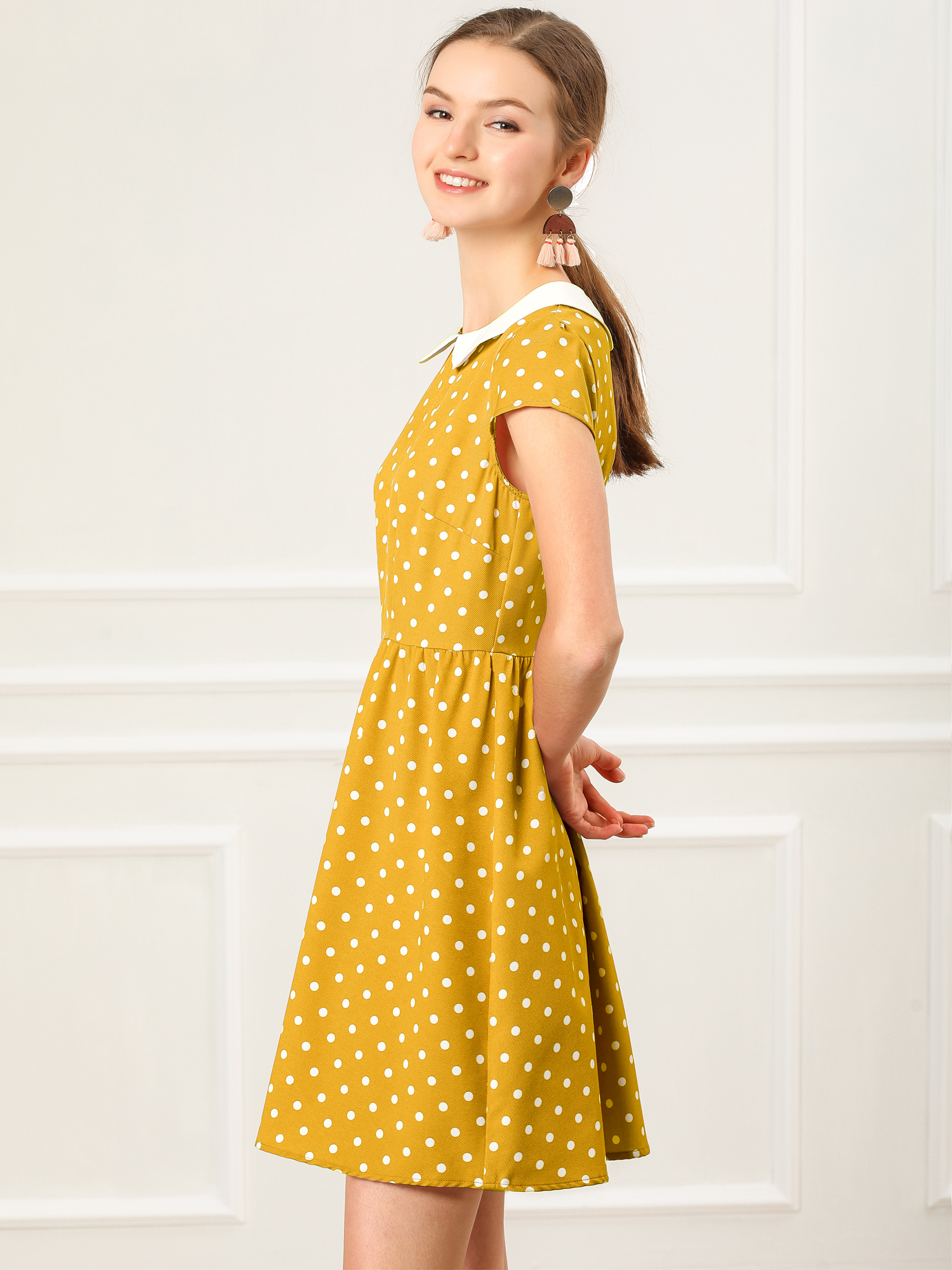 Peter Pan Collar Short Sleeve Contrast A-Line Polka Dots Dress Mustard/S