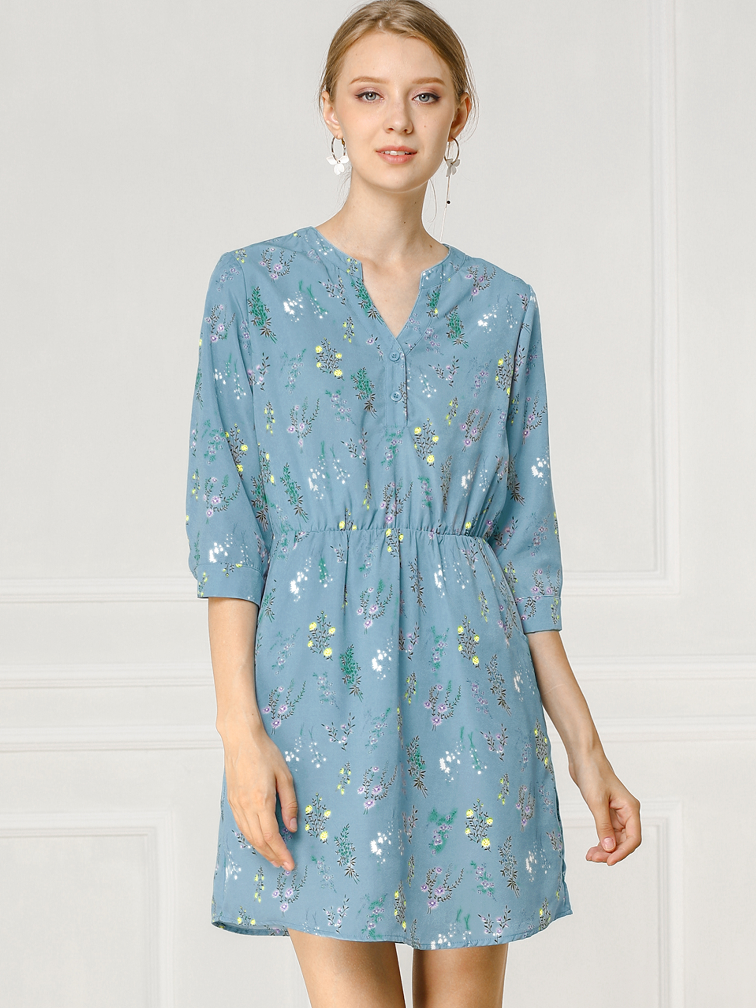 Button-Up V Neck 3/4 Sleeve Floral T-Shirt Dress with Pockets Blue/XS