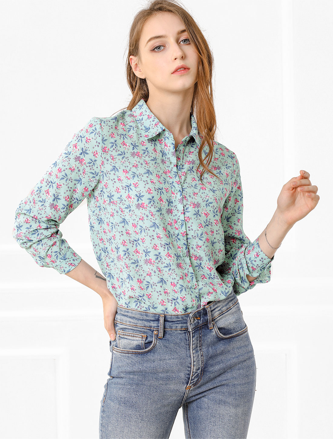 Button Down Floral Long Sleeve Point Collar Blouse Blue/XL