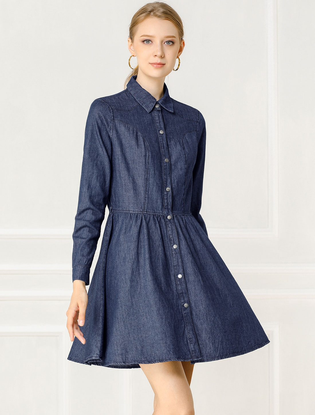 Denim Button Down Belted Pleated Flare A-line Shirt Dress Dark Blue/S