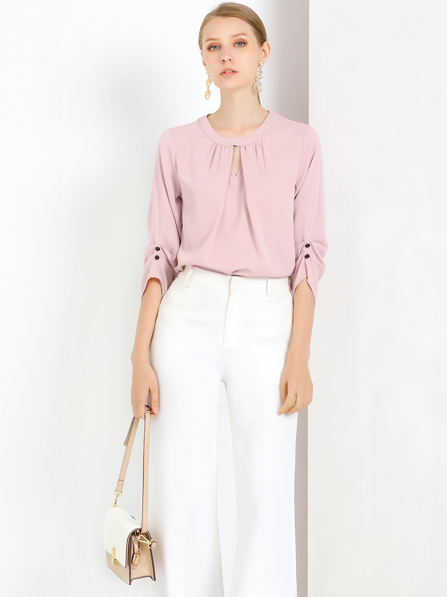 Office Keyhole Pleated Front Ruched 3/4 Sleeve Chiffon Blouse Pink/XS