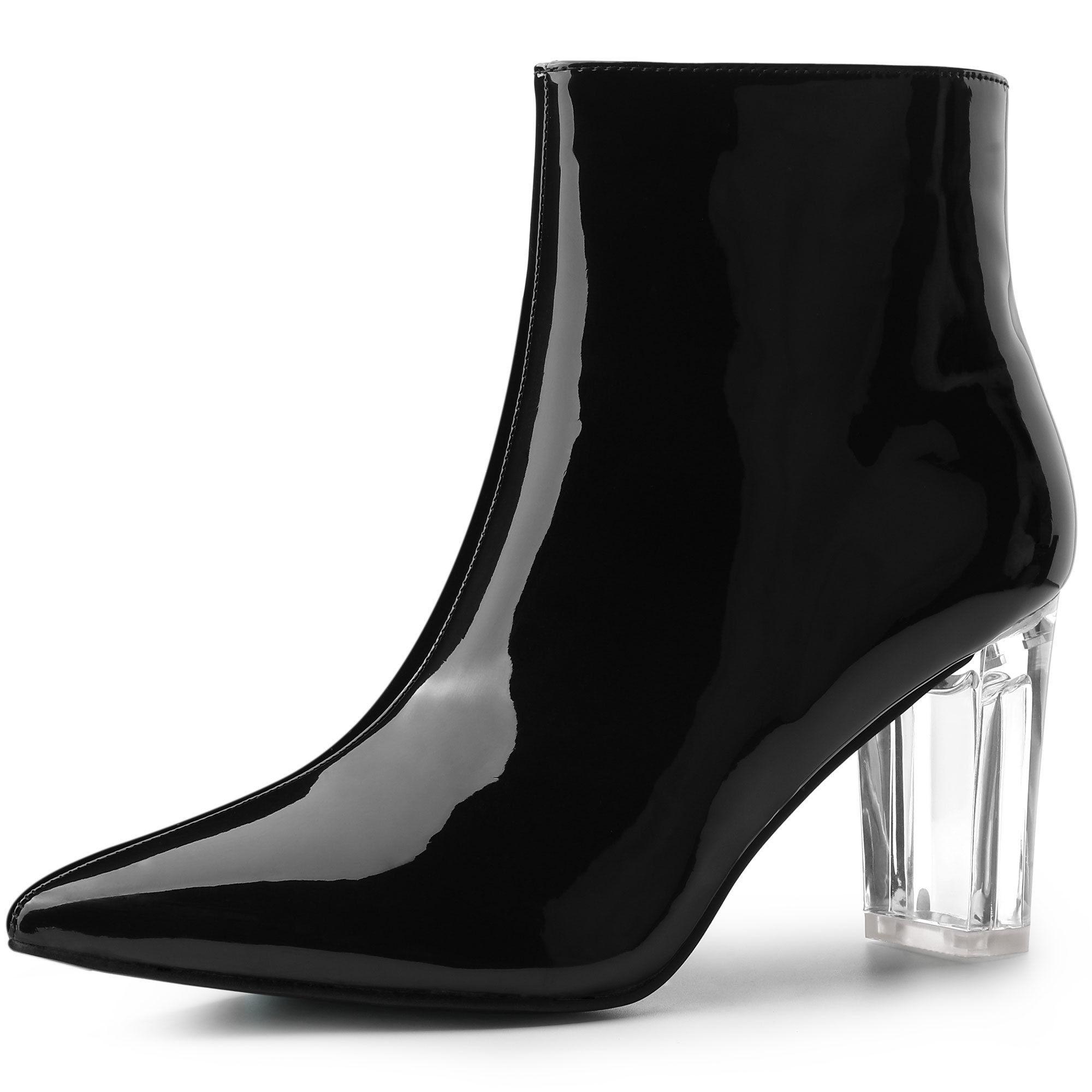 Patent Leather Pointed Toe Clear Chunky Heel Ankle Boots Black/9