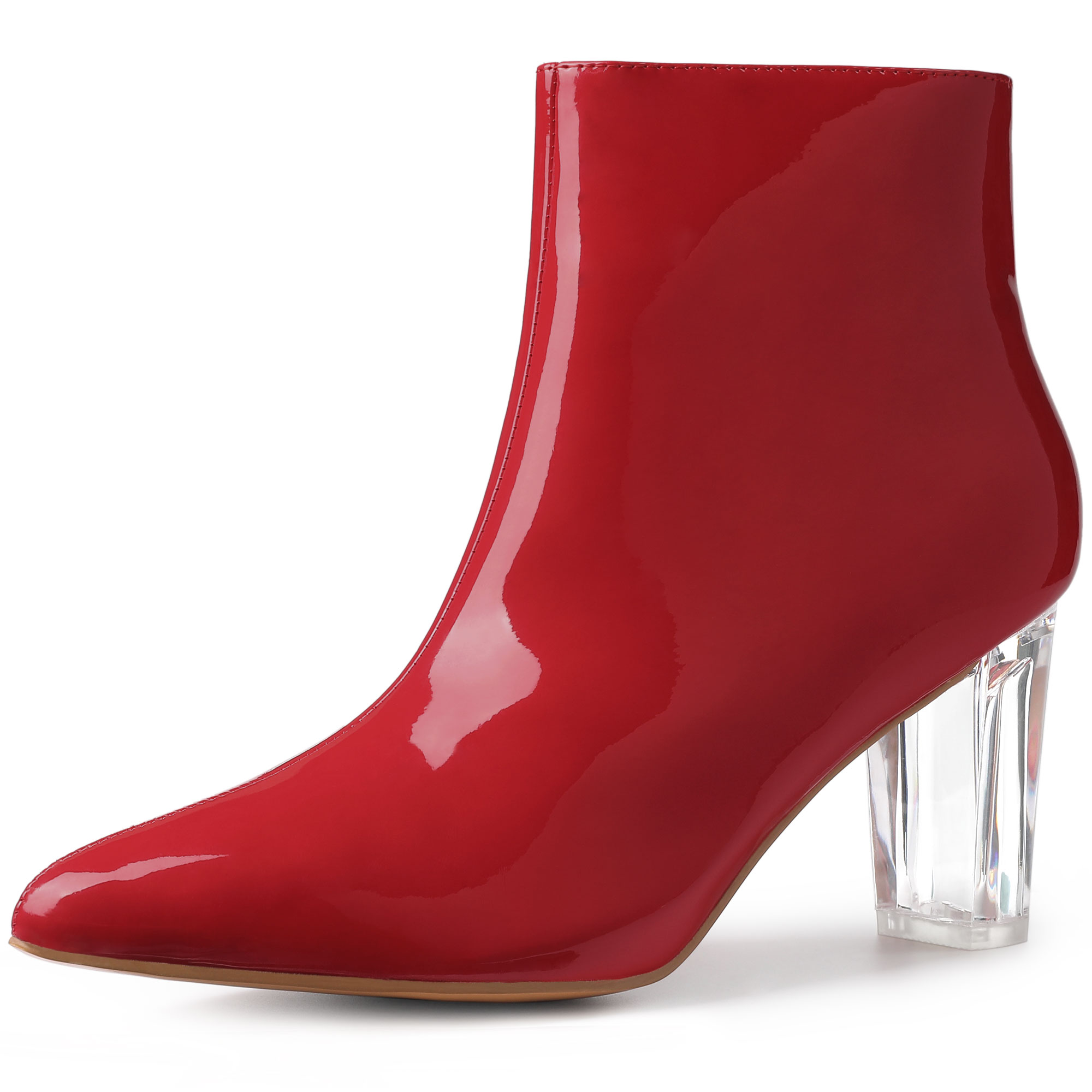 Patent Leather Pointed Toe Clear Chunky Heel Ankle Boots Red/7