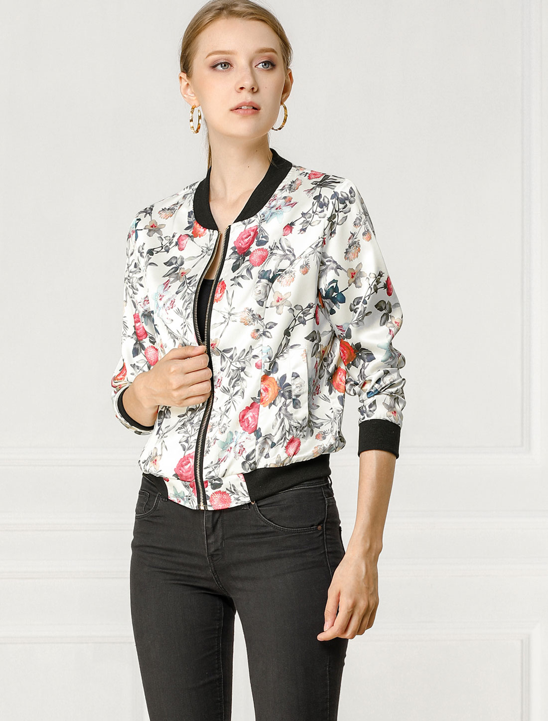 Stand Collar Zip Up Floral Print Bomber Jacket White/M