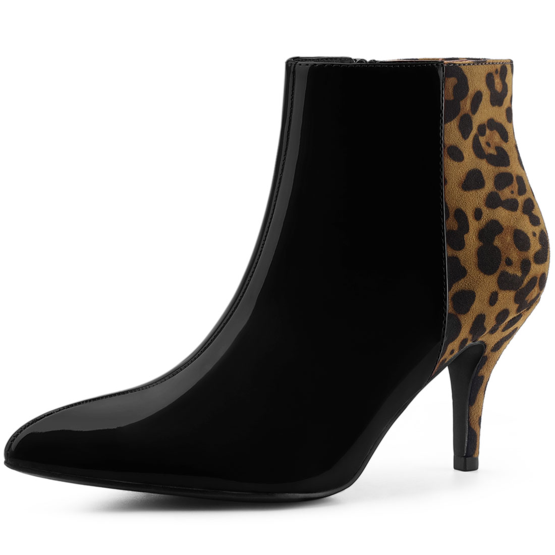 Contrast Color Leopard Print Stiletto Heel Ankle Boots Black/5.5