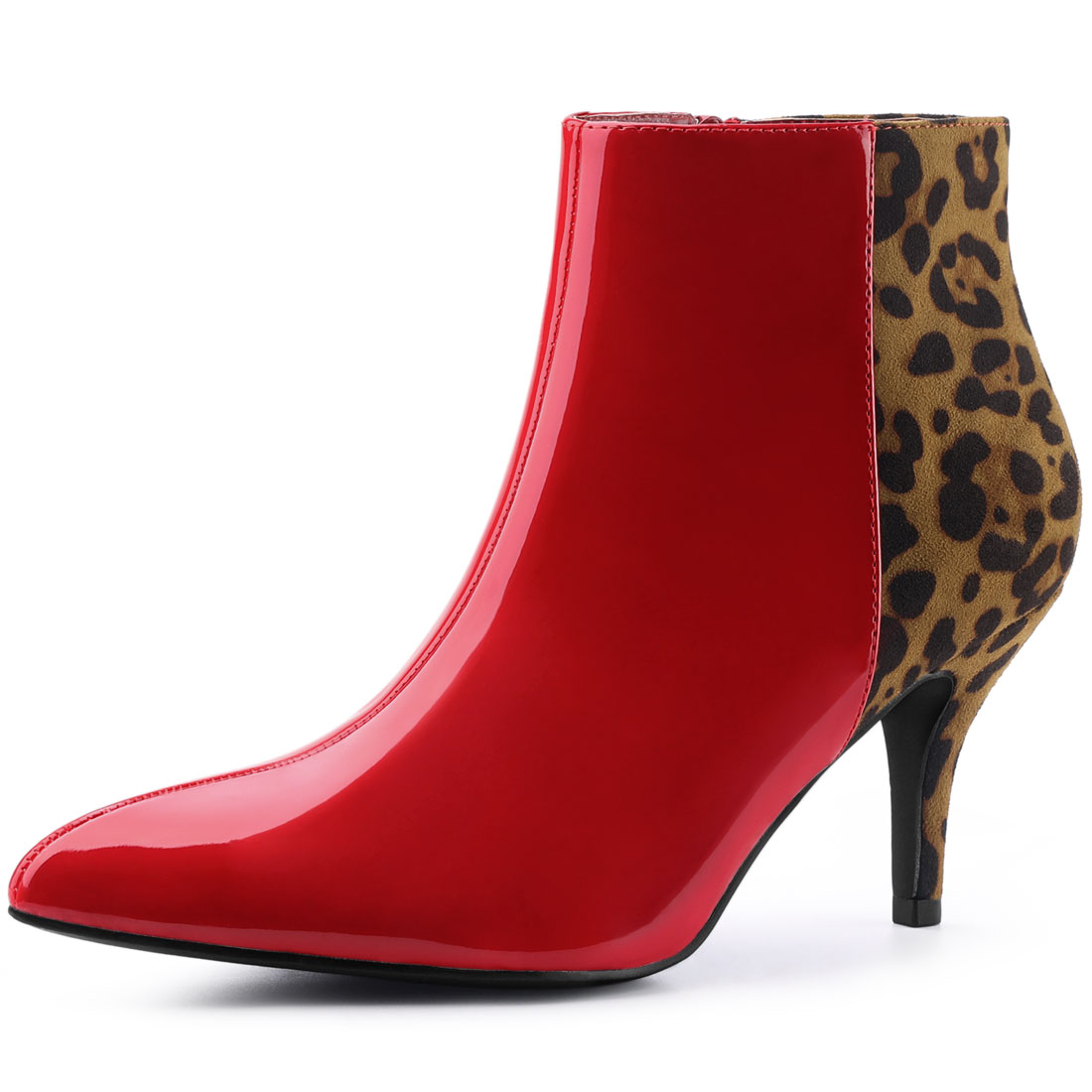 Contrast Color Leopard Print Stiletto Heel Ankle Boots Red/5.5