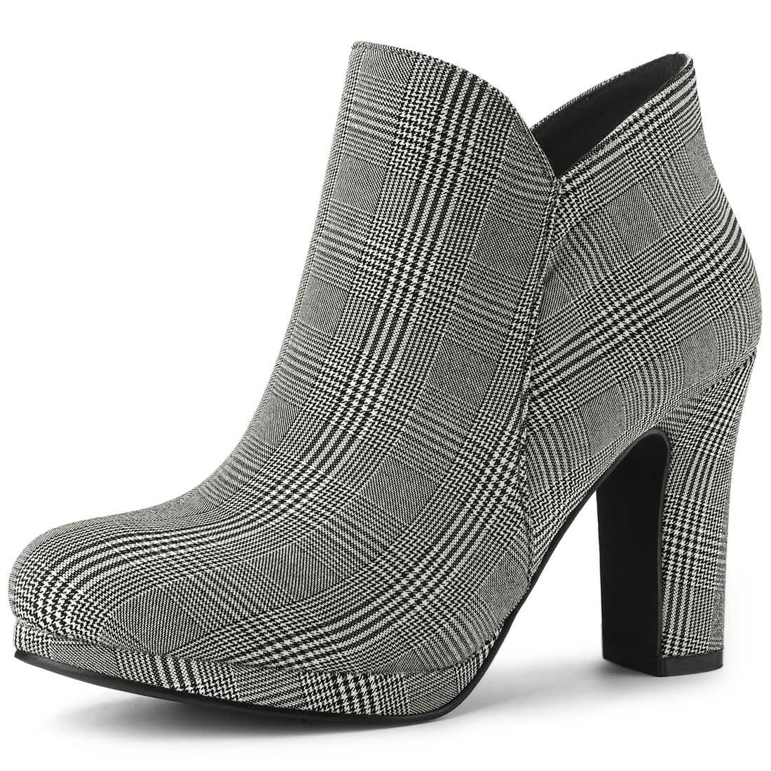 Round Toe Chunky Heel Ankle Heel Boots Black White/9