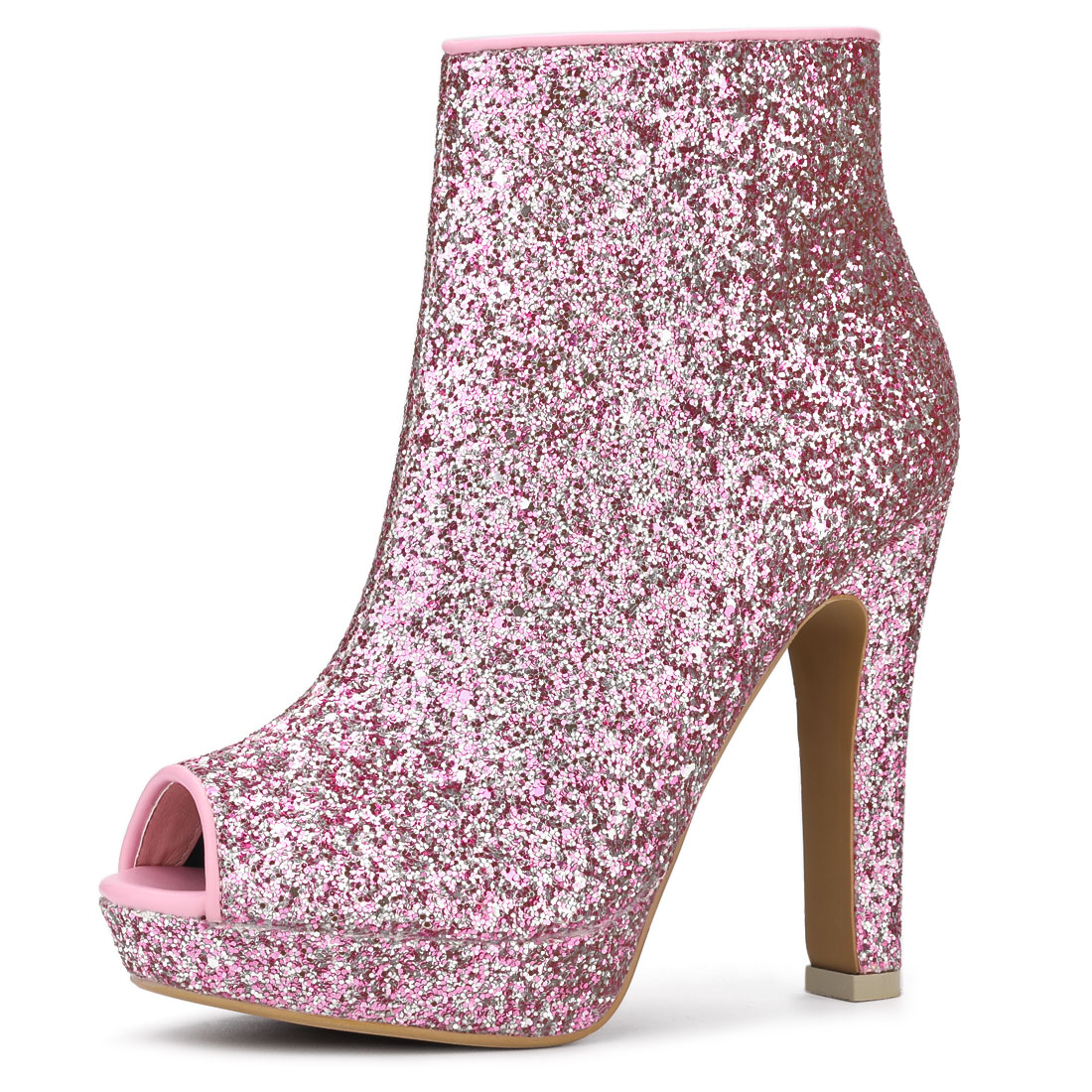 Glitter Platform Chunky Heel Open Toe Heel Ankle Boots Pink/7