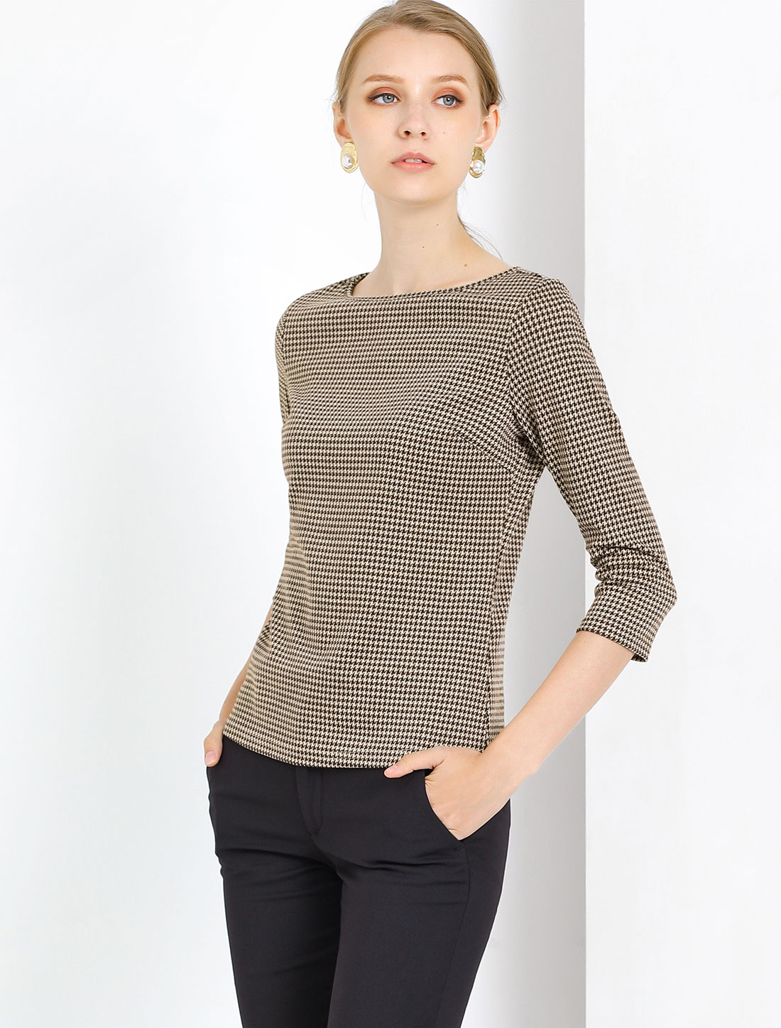 Office 3/4 Sleeve Boat Neck Houndstooth Printed Top Blouse Brown/M
