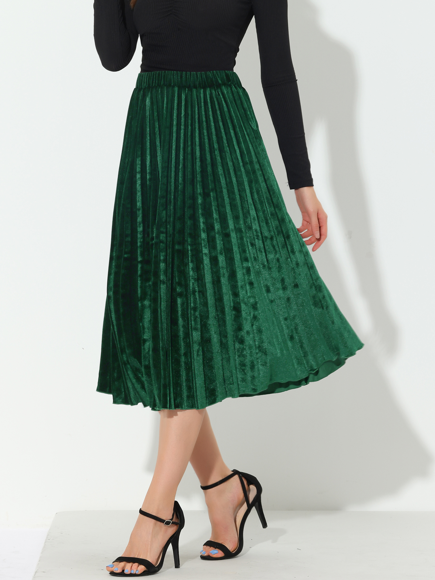Party High Elastic Waist Velvet Pleated Midi Skirt Green/XS