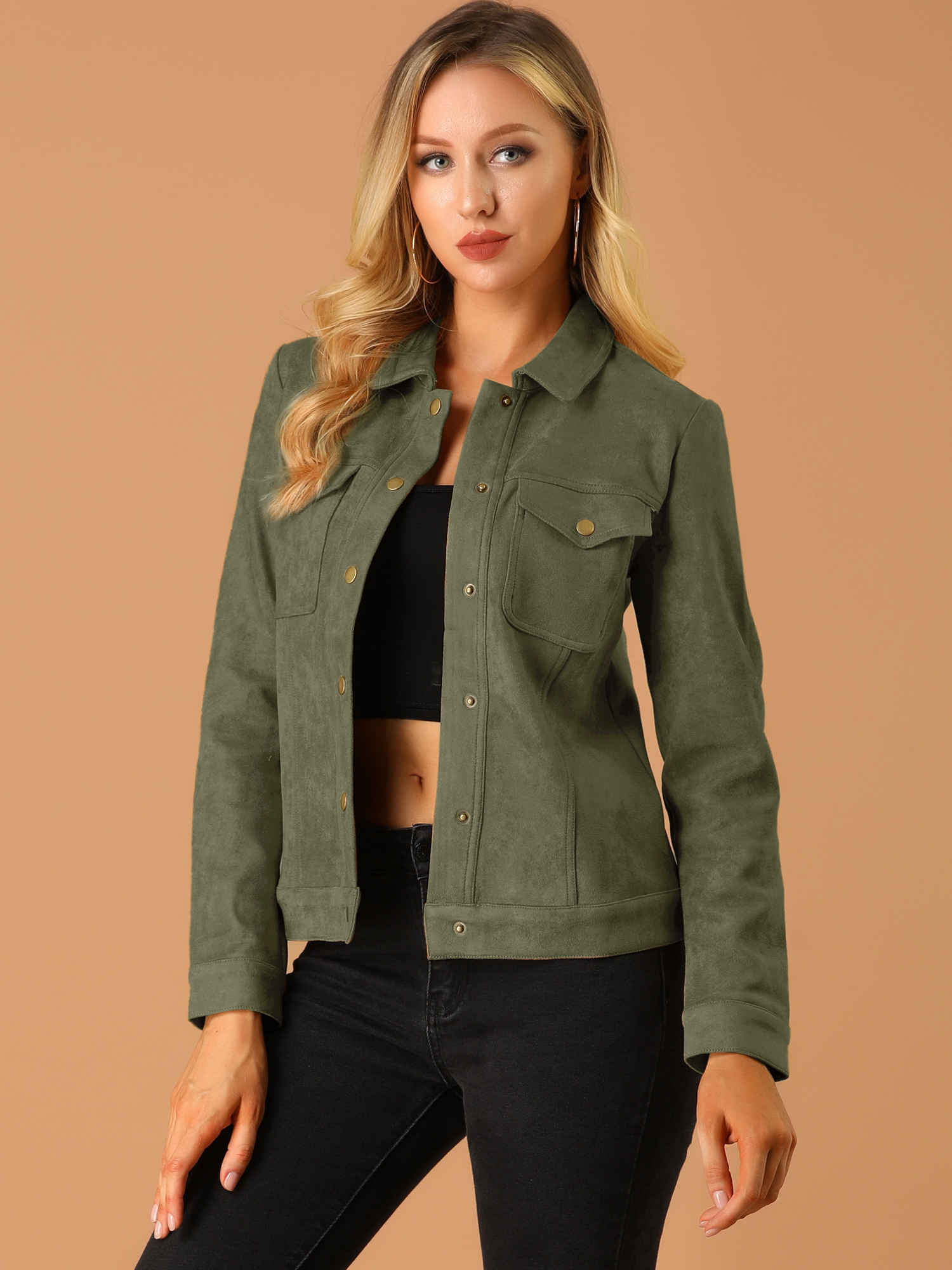 Faux Suede Turn-Down Collar Flap Pocket Snap Button Jacket Army Green/XL