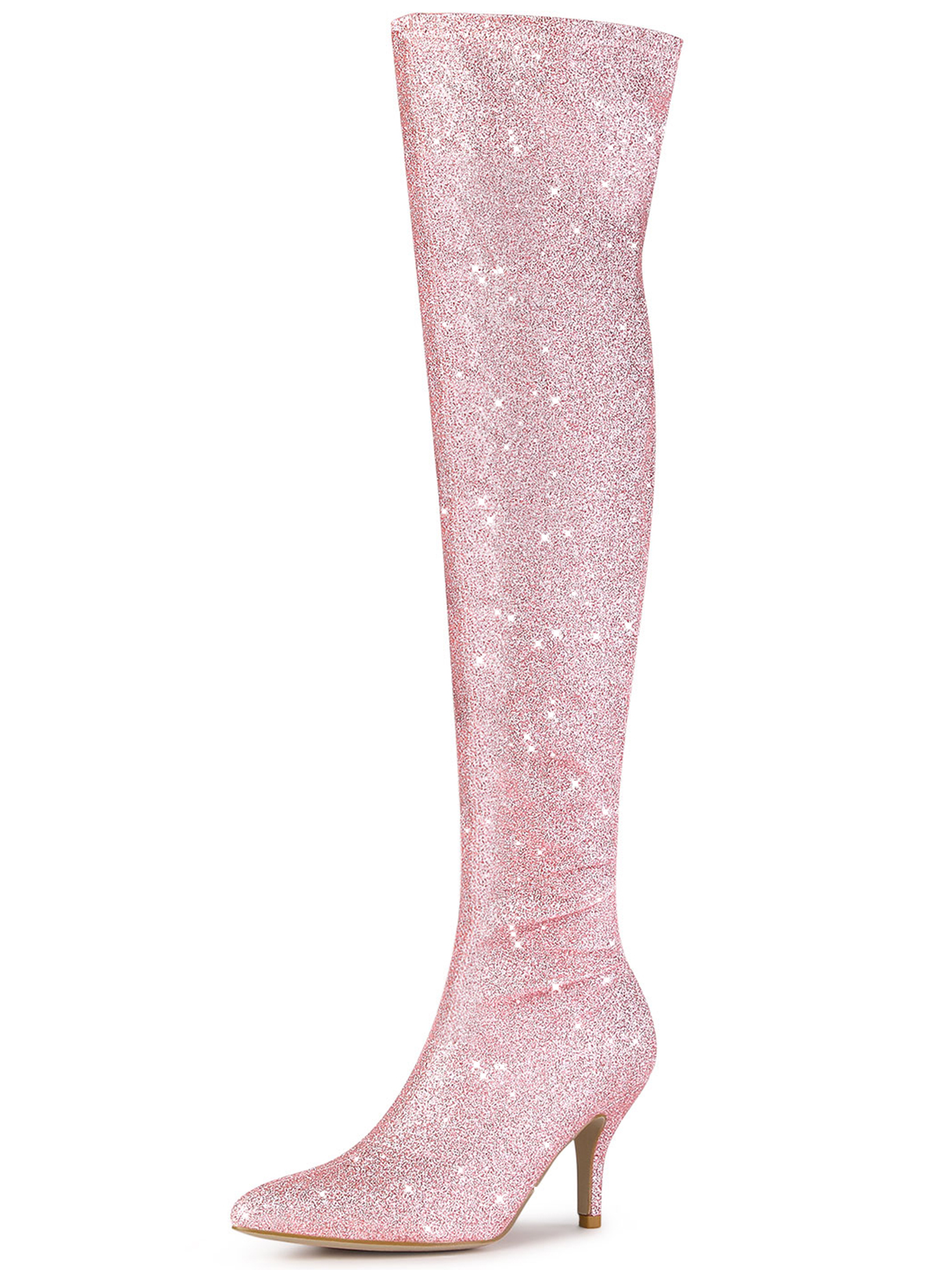 Glitter Pointed Toe Stiletto Heel Over the Knee High Boots Pink/6
