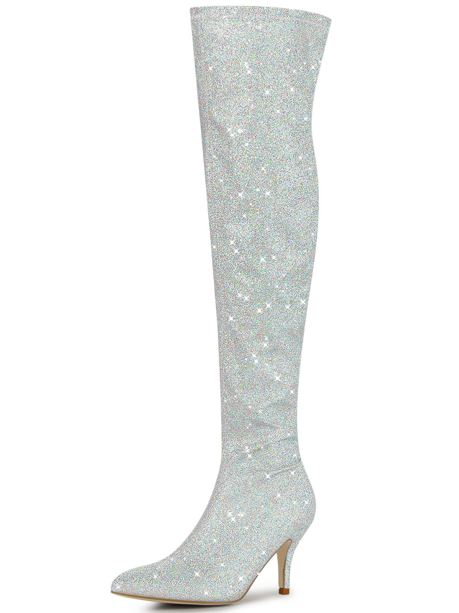 Glitter Pointed Toe Stiletto Heel Over the Knee High Boots Silver/5.5