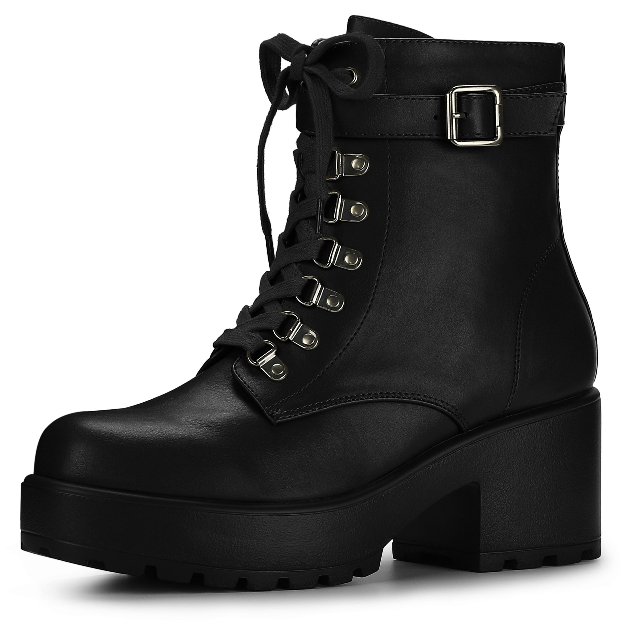 Zip Up Chunky Heel Platform Ankle Combat Boots Black/7.5