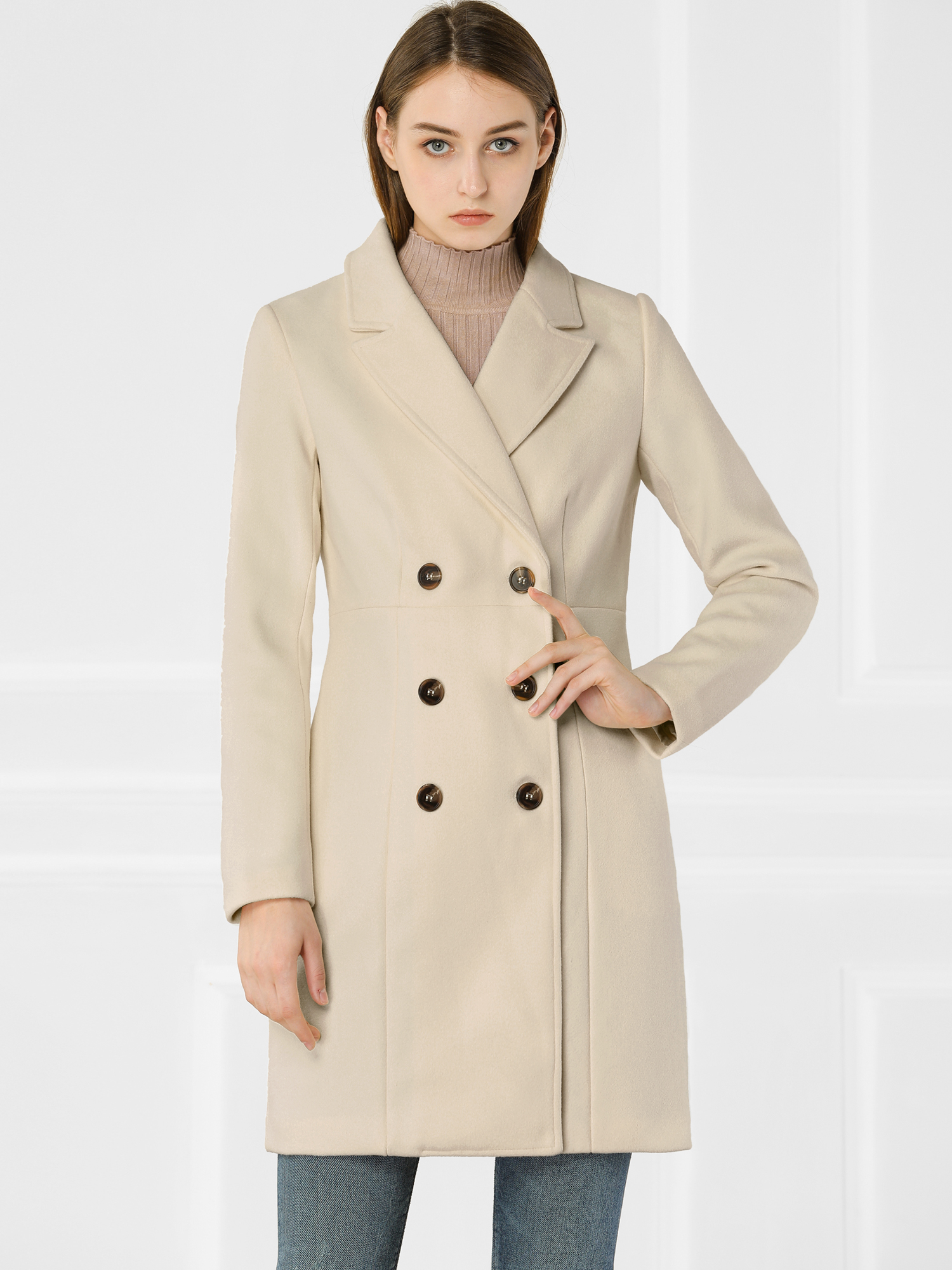Notched Lapel Double Breasted Outwear Winter Long Coat Cream White/M