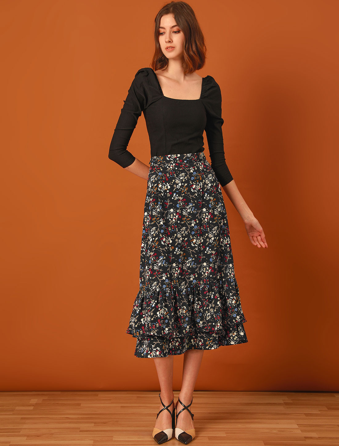 Printed Chiffon Elastic Waist Ruffle Tiered Flowy Midi Skirt Black-Floral/M