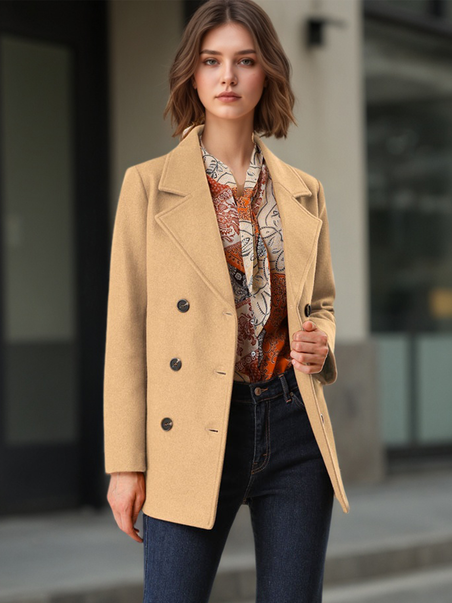 Long Sleeve Double Breasted Button Winter Outerwear Pea Coat Camel/S