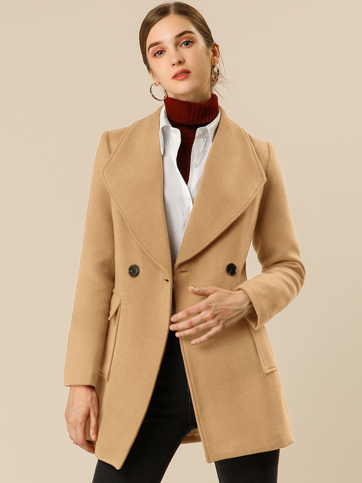 Shawl Collar Lapel Double Breasted Winter Belted Coat with Pockets Khaki/XS