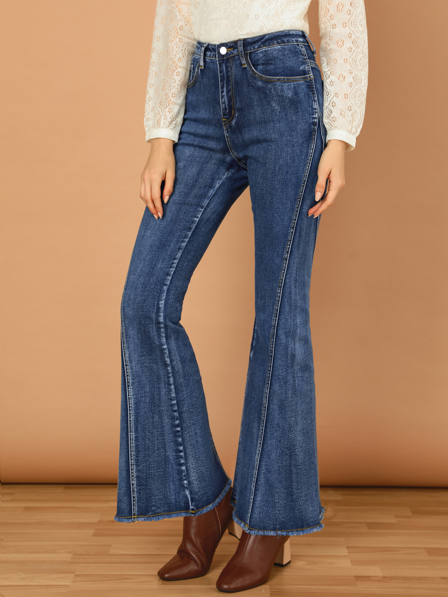High Waist Stretch Denim Long Bell Pants Flare Jeans Blue/M