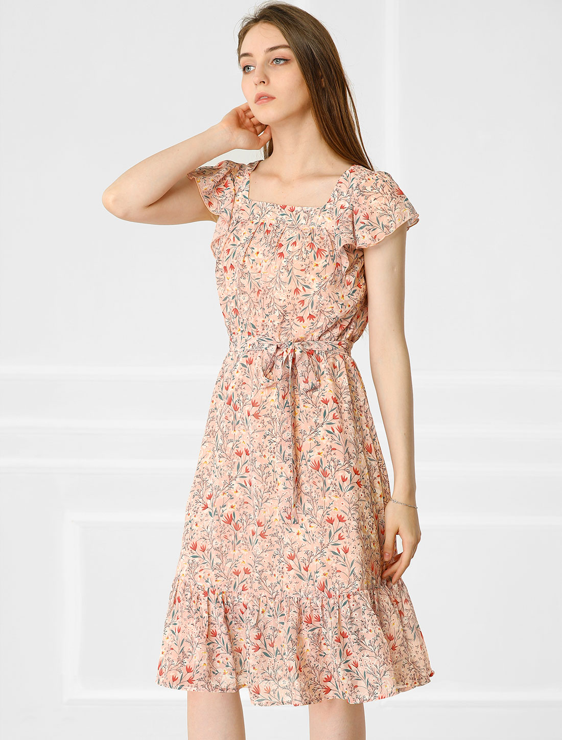 Floral Chiffon Flutter Sleeve Belted Square Neck Ruffled Hem Dress Pink/XL