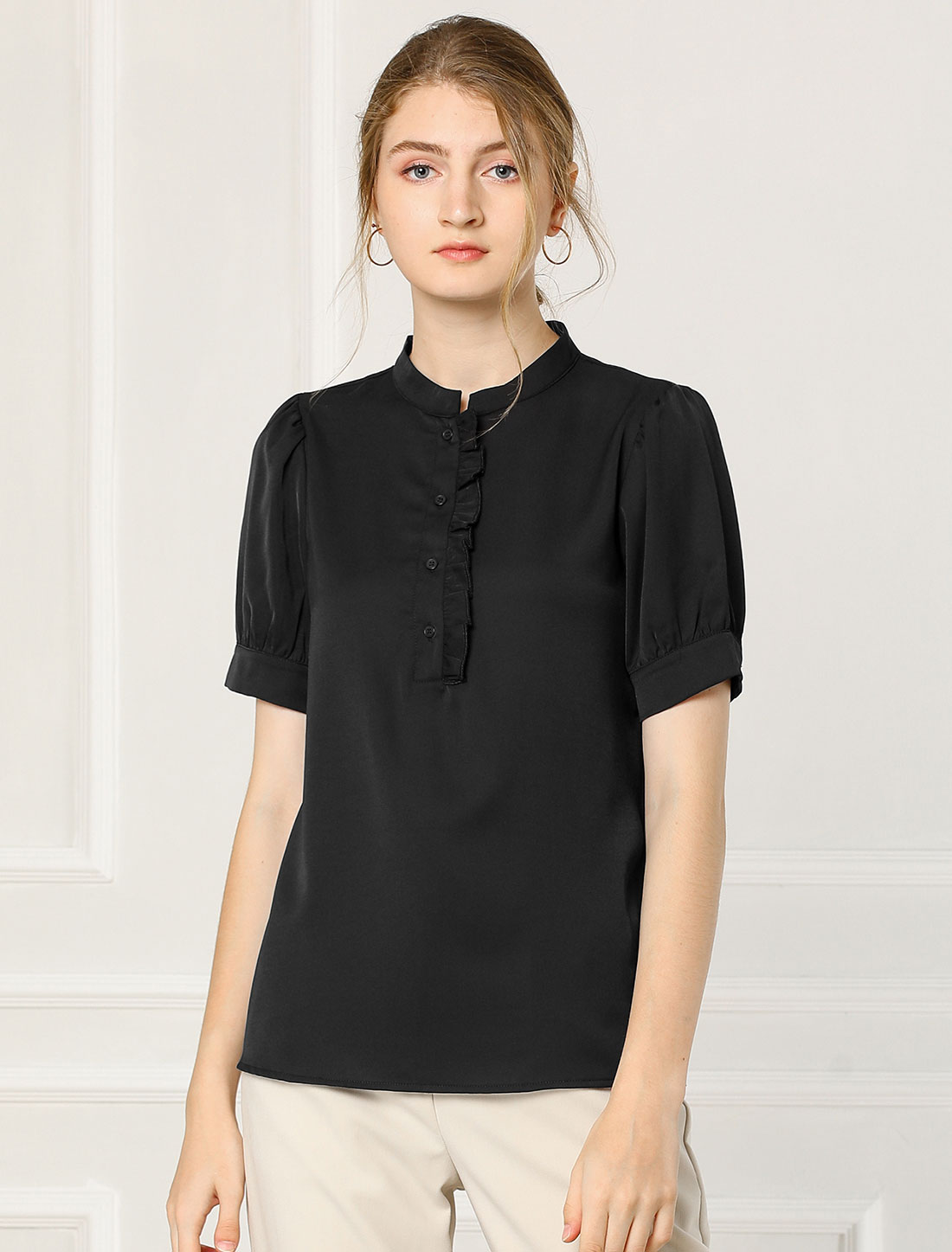 Work Office Top Puff Sleeve Half Placket Ruffled Shirt Blouse Black/S