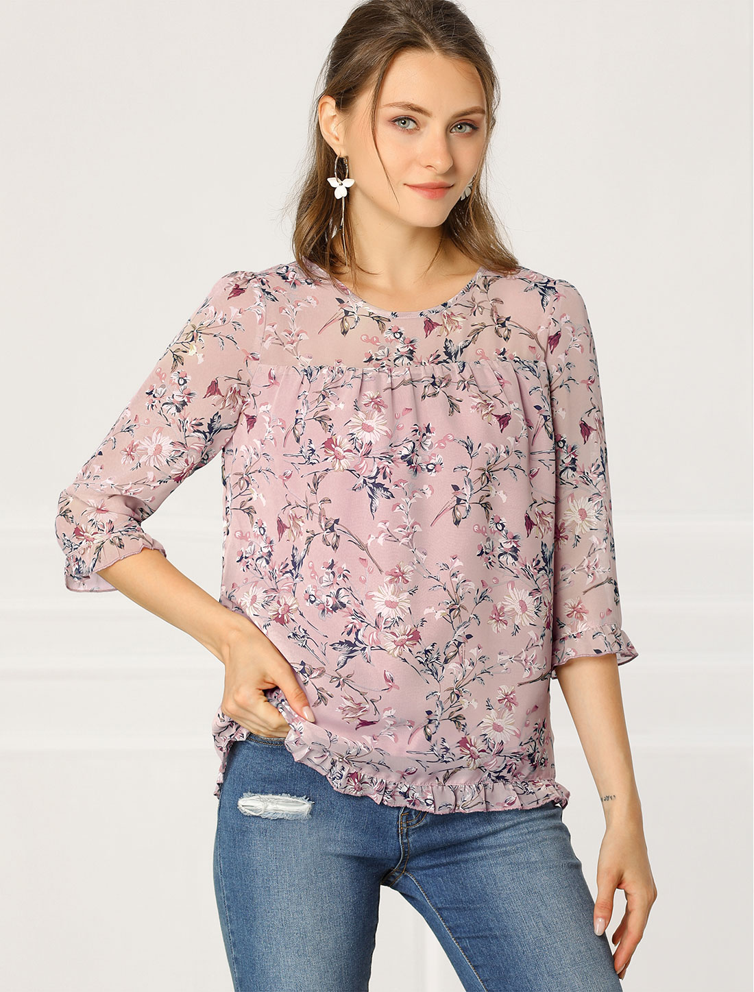Casual Ruffle 3/4 Sleeve Floral Print Chiffon Blouse Pink/XS