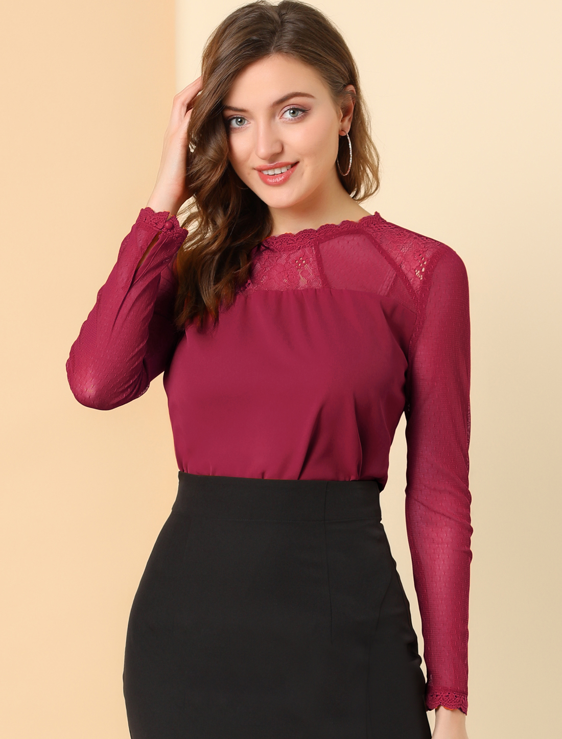 Lace Mesh Long Sleeve Top Round Neck Casual Elegant Blouse Wine Red/S