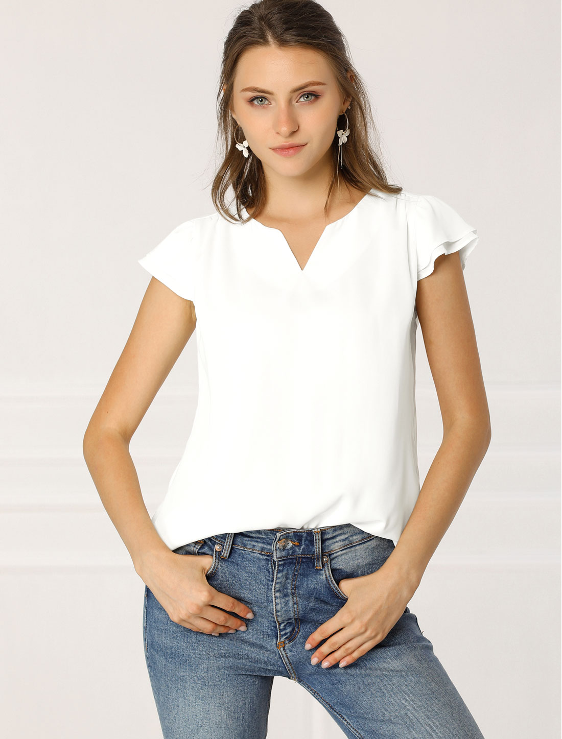 Work Business Casual Plain Cap Sleeve Blouse Top White/S