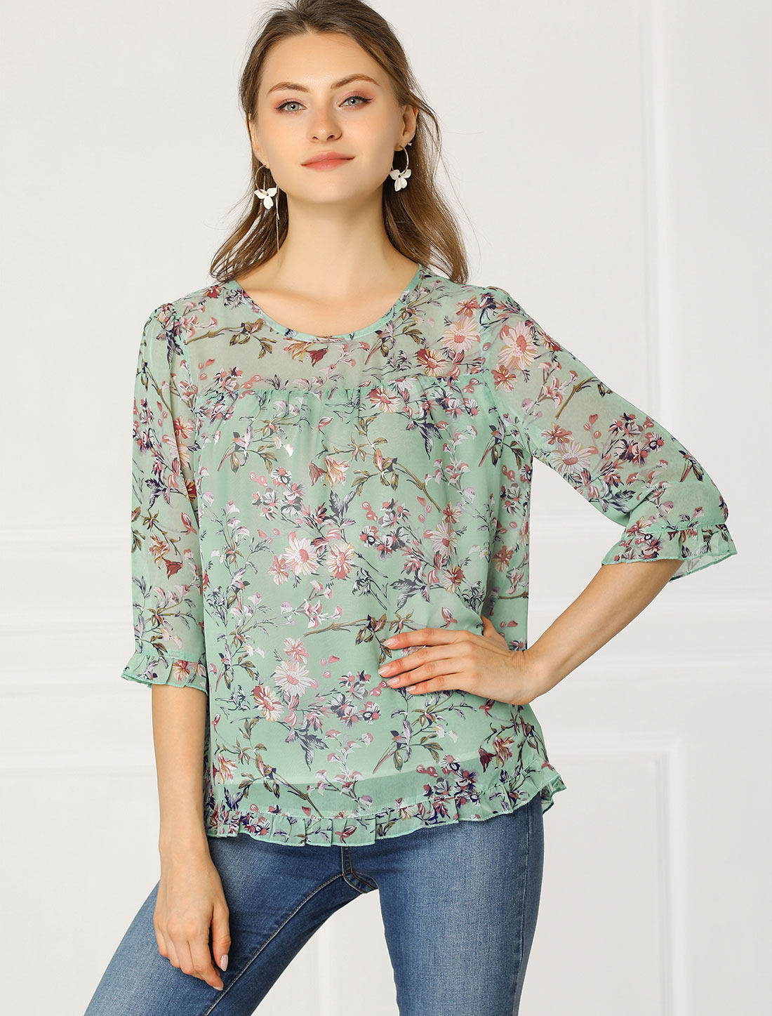 Casual Ruffle Floral Print 3/4 Sleeve Chiffon Blouse Green/XL