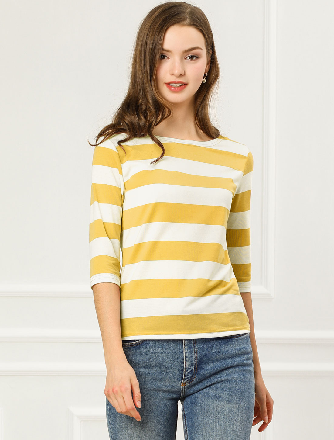 Halloween 3/4 Sleeve T-shirt Casual Boat Neck Slim Fit Tee Yellow White/M