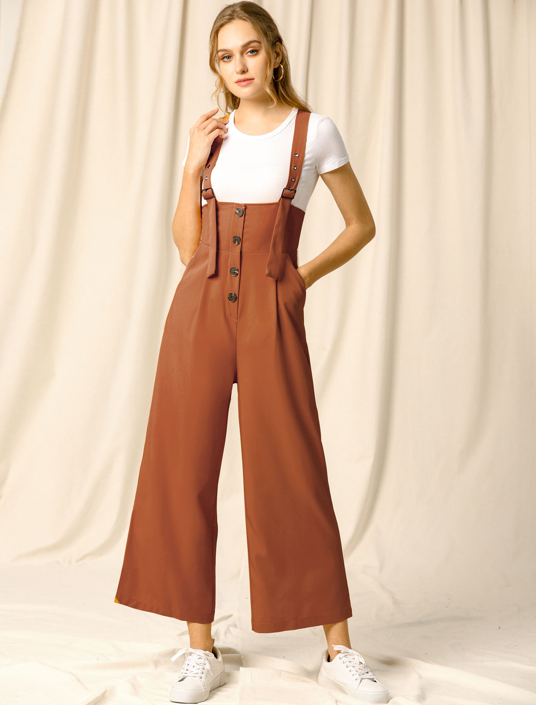High Waist Wide Leg Belted Jumpsuit Button Long Overalls Brown/S