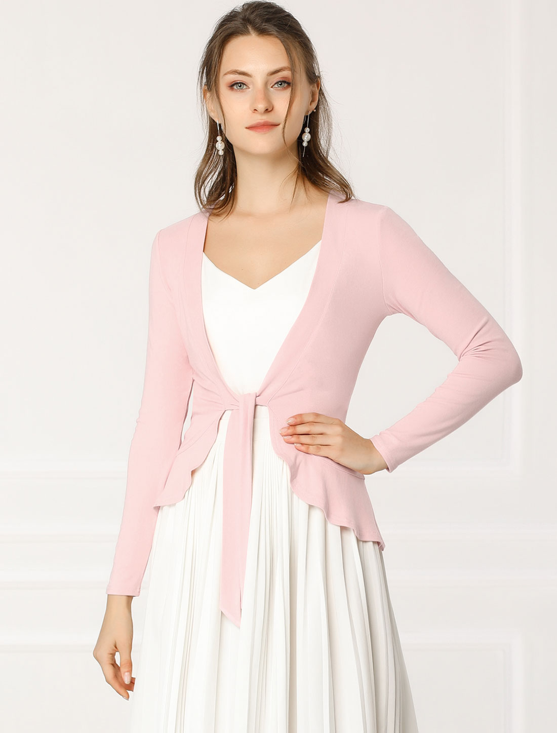 Women's Tie Front Knit Ruffled Long Sleeve Open Cardigan Pink/L
