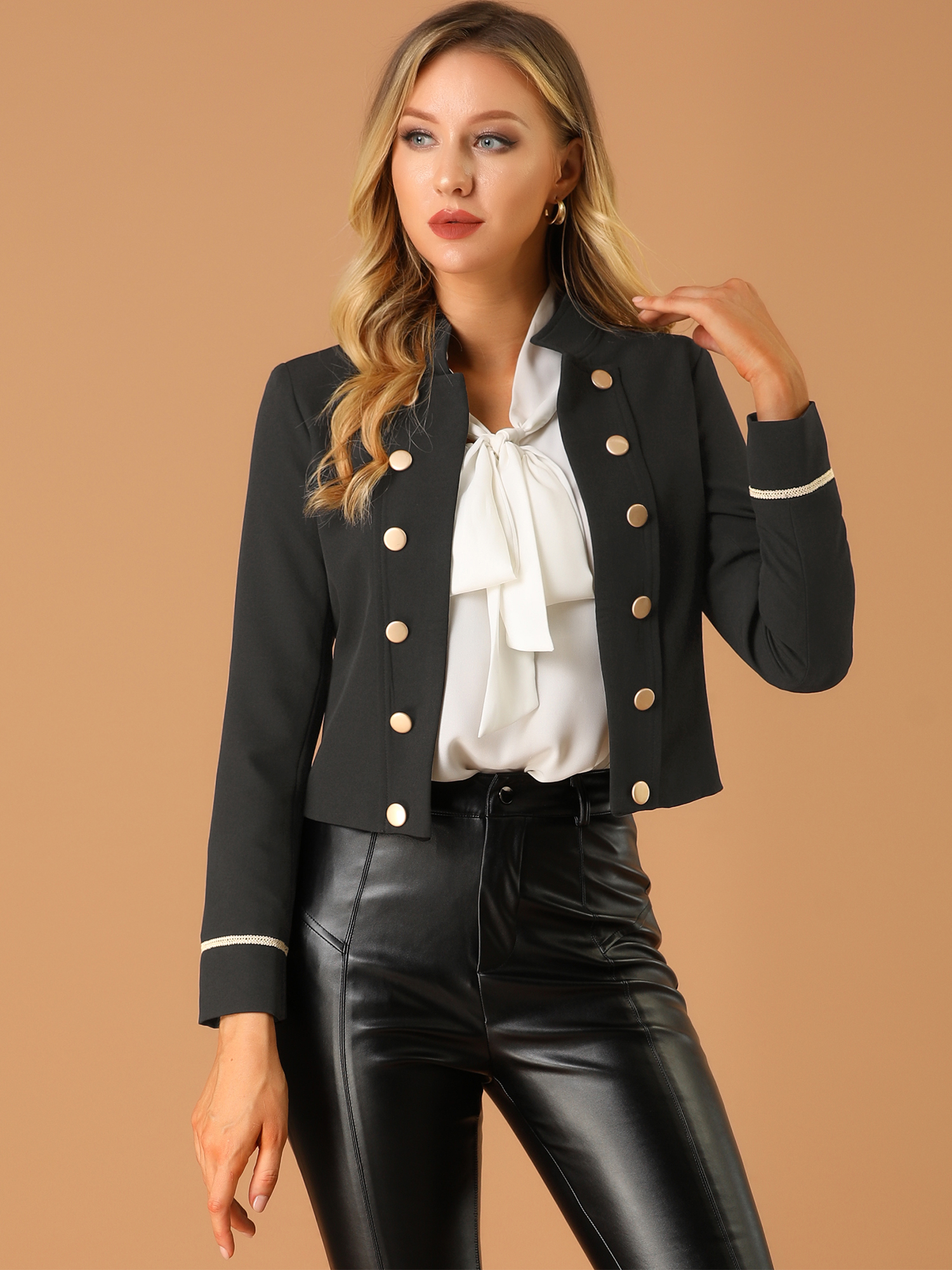 Vintage Steampunk Open Front Button Decor Cropped Jacket Black/S