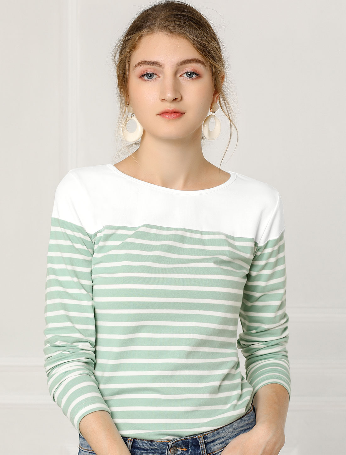 Color Block Long Sleeve Round Neck Striped T-Shirt Light Green/XL