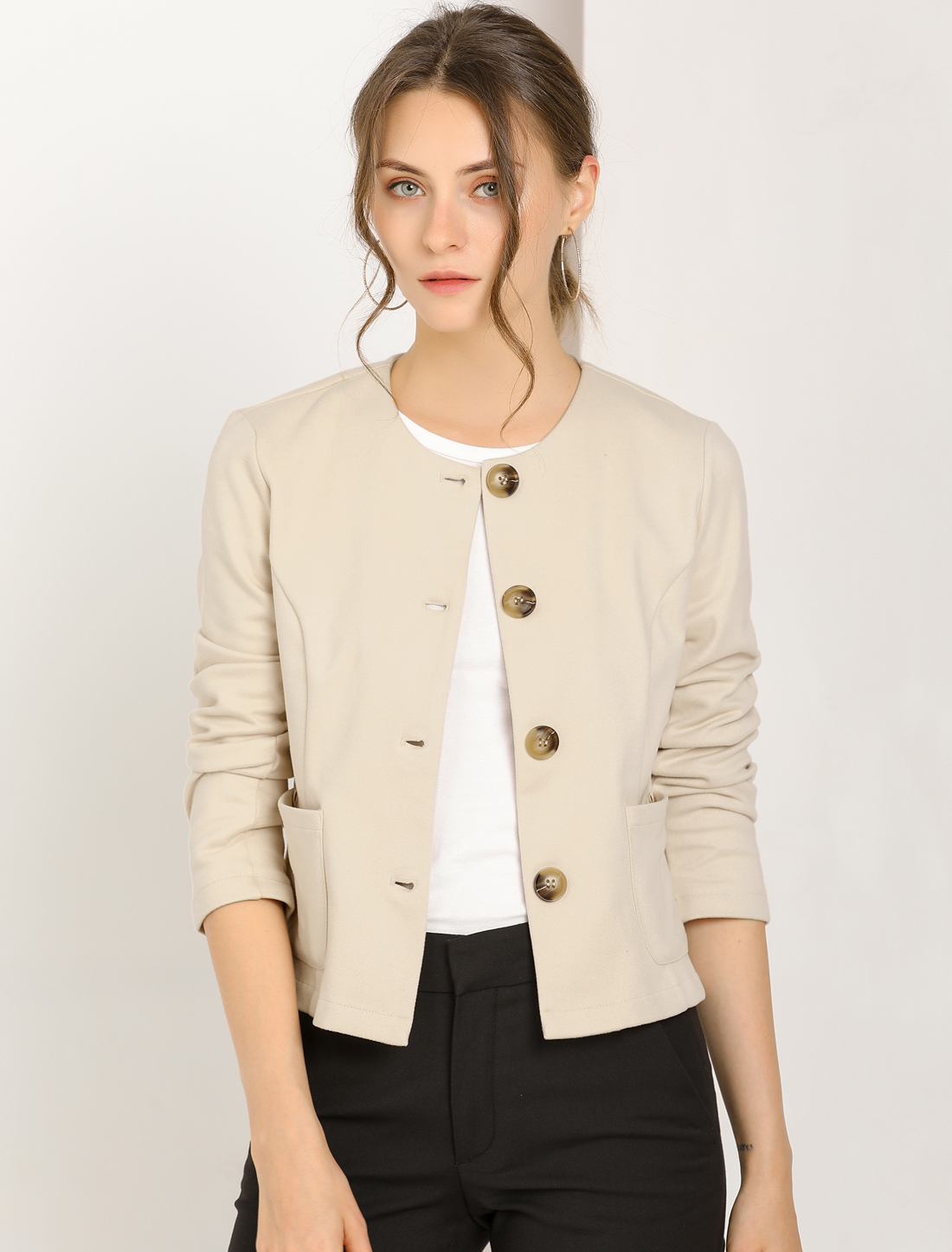 Fall Casual Jacket Elegant Button Front Work Office Blazer Beige/S