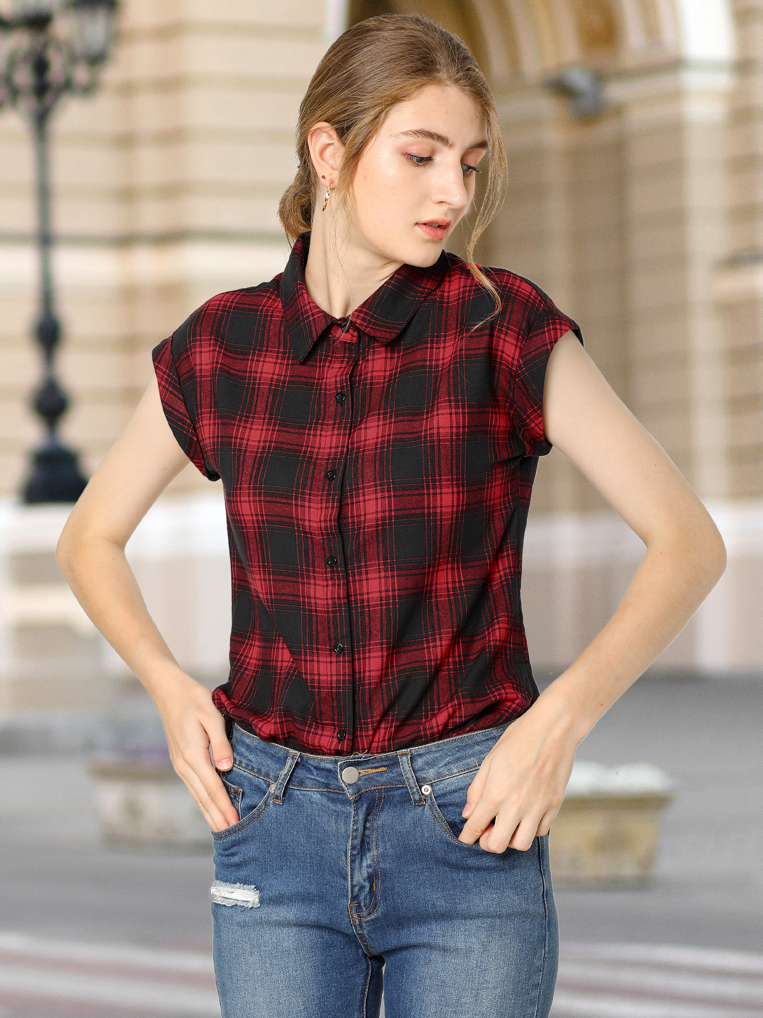 Summer Plaid Tops Short Sleeve Button Down Shirt Red/S