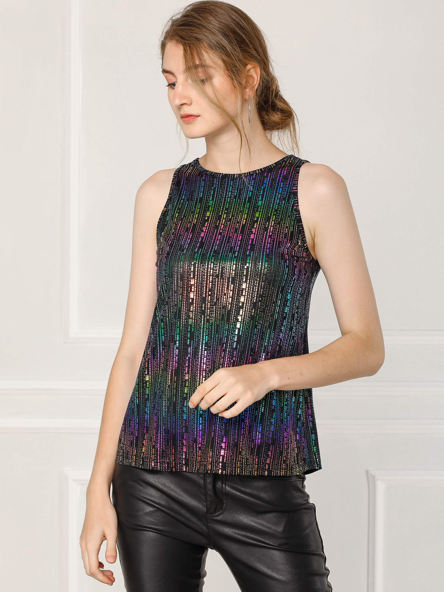 Shiny Sleeveless Camisole Club Shimmer Metallic Tank Top Blacks/XL