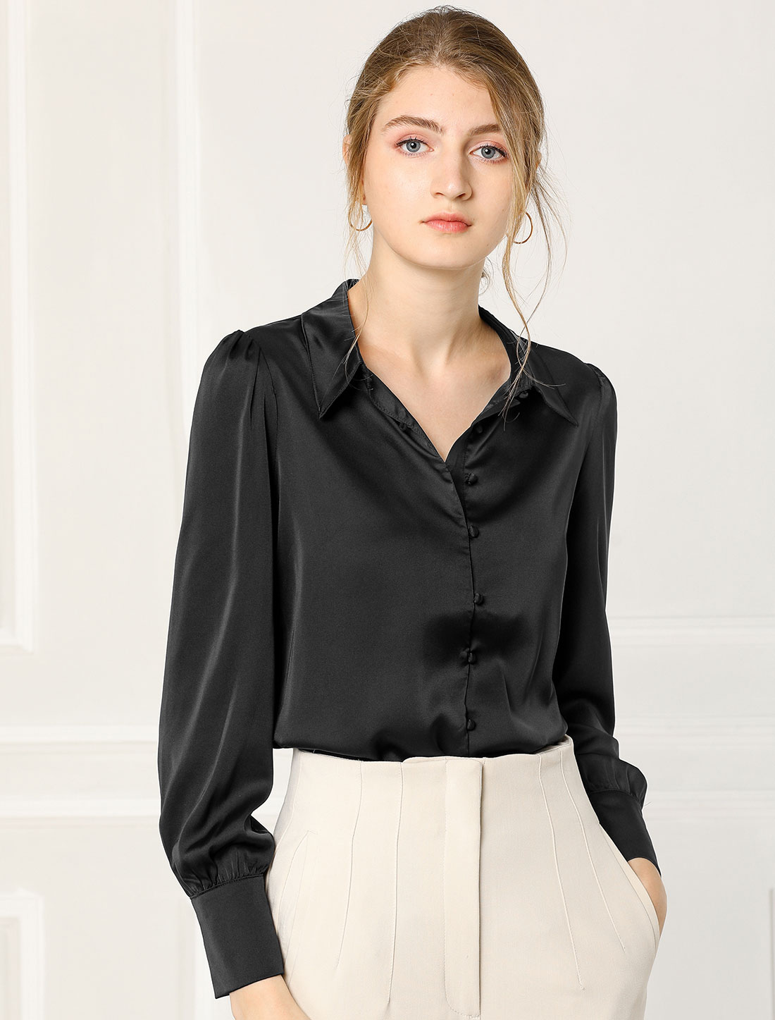 Satin Puff Sleeve Point Collar Vintage Button Up Blouse Black/S