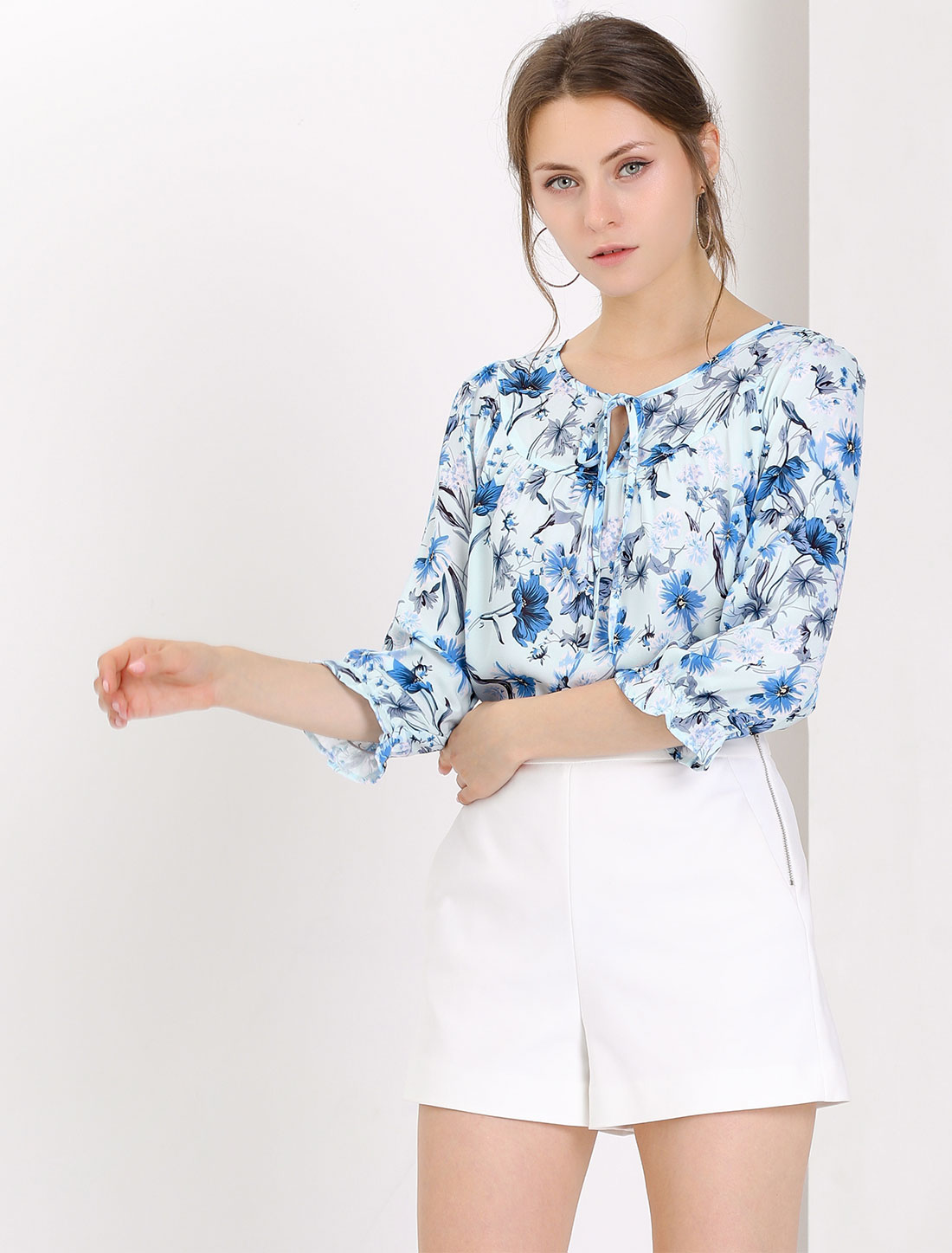 Floral Tops Bow Tie Neck Vintage 3/4 Sleeve Blouse Blue/XS