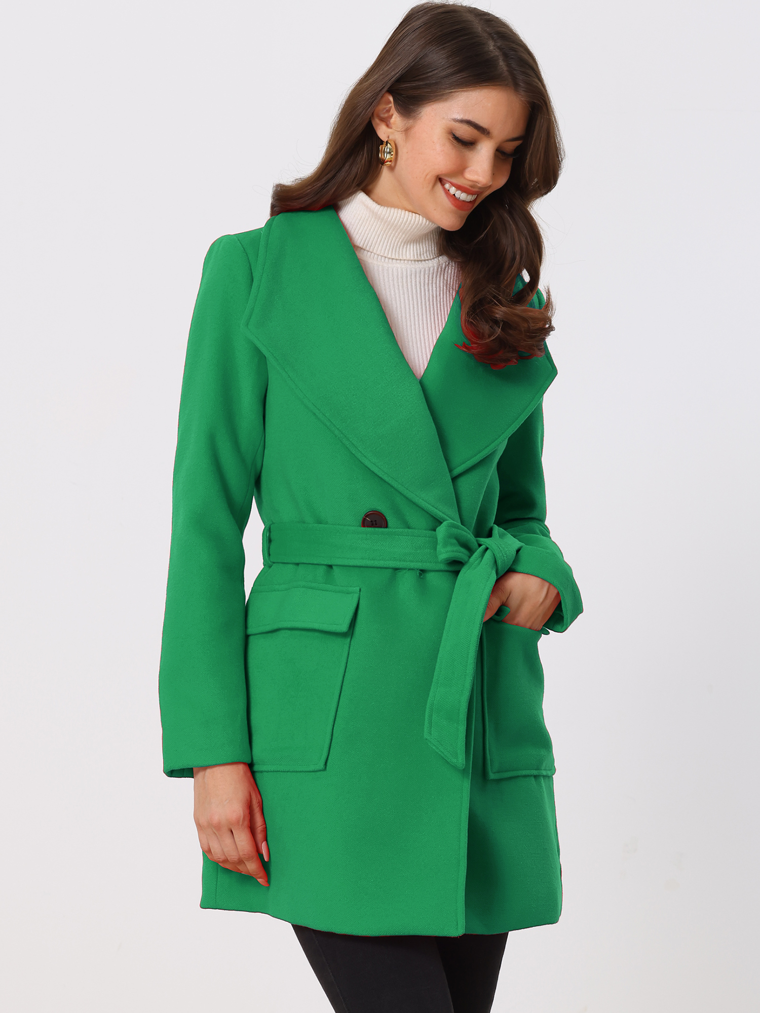 Shawl Collar Lapel Double Breasted Winter Belted Coat with Pockets Green/S
