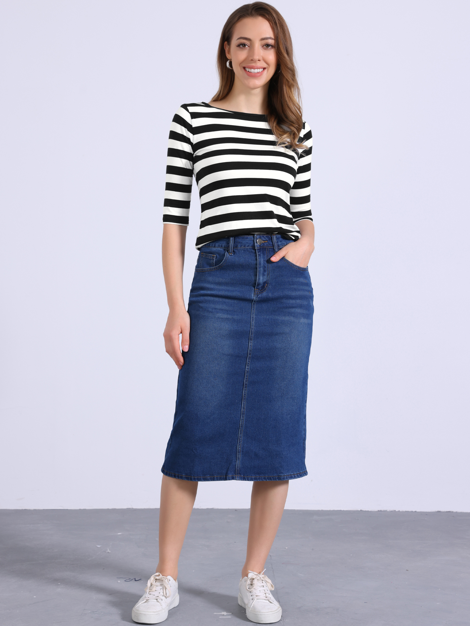 Striped 3/4 Sleeve Round Neck Casual T-Shirt Black White/XS