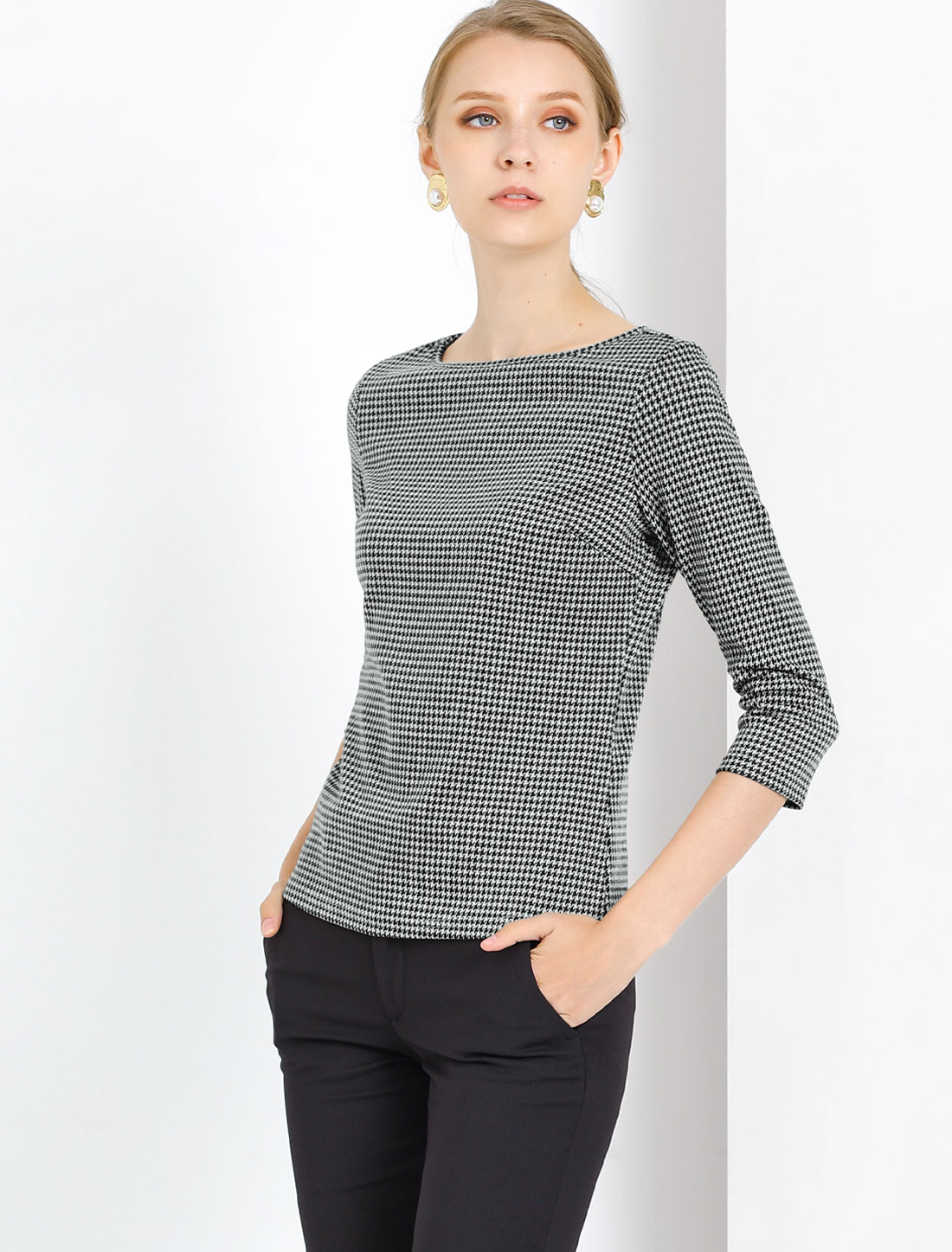 Office 3/4 Sleeve Boat Neck Houndstooth Printed Top Blouse Black/S