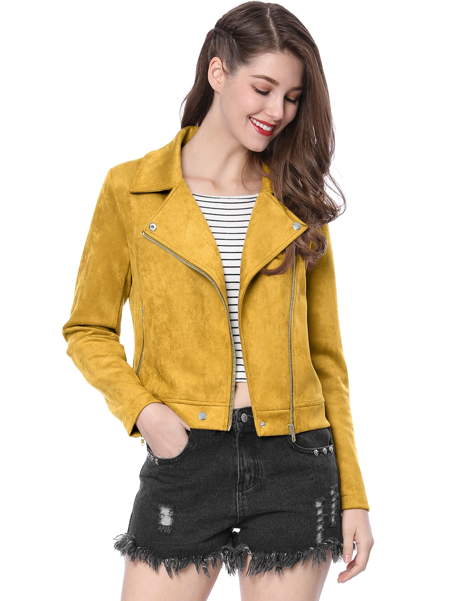 Casual Short Soft Zip Up Faux Suede Biker Moto Jacket Mustard/XS