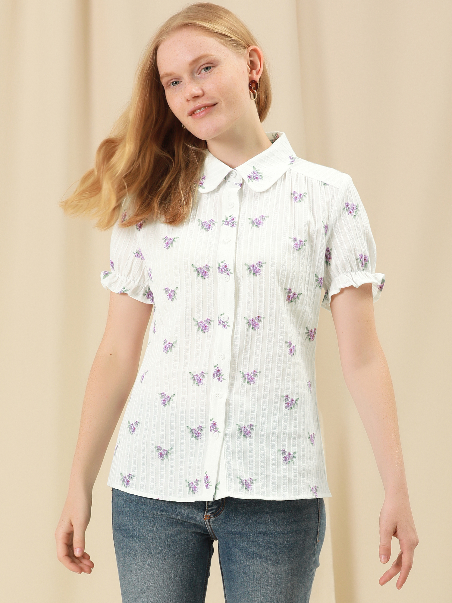 Floral Printed Peter Pan Collar Cotton Short Sleeve Shirt White/M
