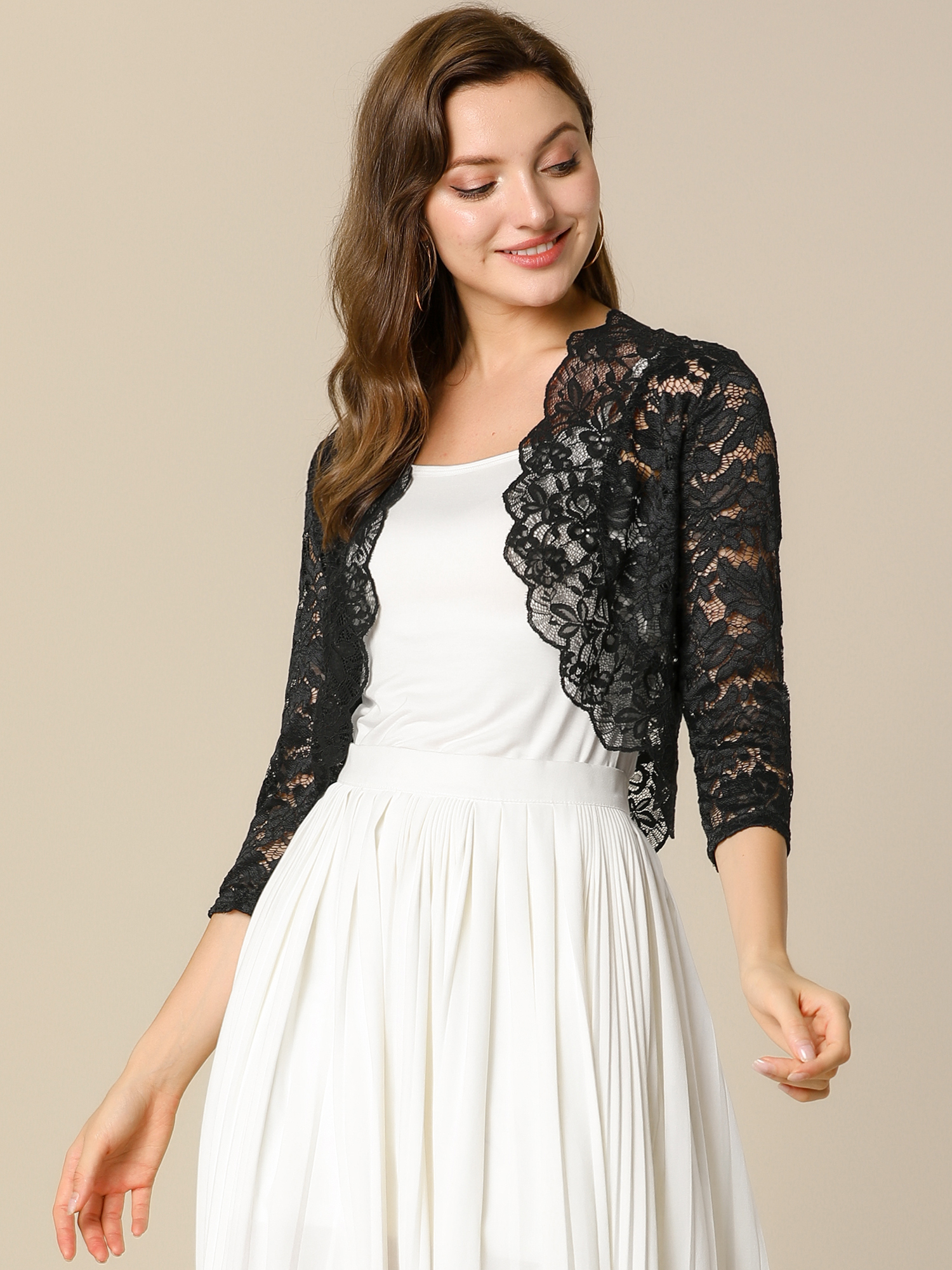 Sheer Floral Elegant 3/4 Sleeve Lace Shrug Black/XL