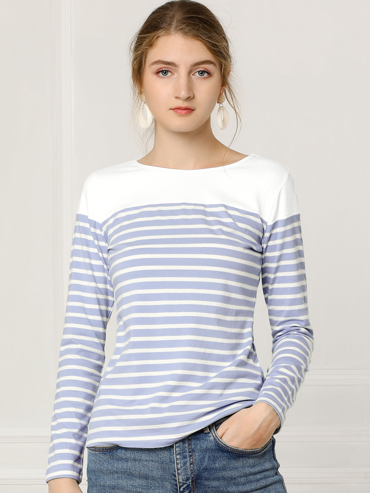 Striped Color Block Long Sleeve Round Neck T-Shirt Light Blue/XL